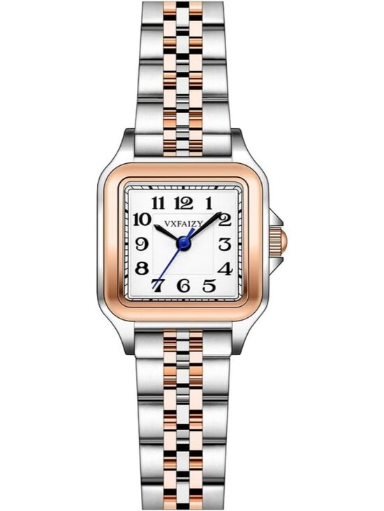 Accessories - Women's Silver-Rose Gold Black Solid Stainless Steel Band Dainty Square Watch